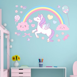 Detailed wall sticker layout featuring unicorn rainbow and glowing stars in nursery room