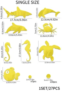 Detailed size chart for 27pcs yellow ocean animal acrylic mirror wall stickers