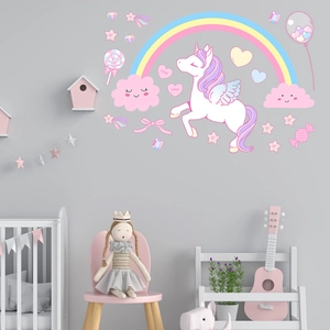 Detailed view of unicorn and rainbow glow-in-the-dark wall stickers for children's room
