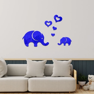 Blue acrylic mirror wall stickers featuring hearts and elephants for home decor