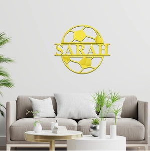 Close-up of yellow football mirror acrylic wall sticker with customized name Sarah