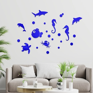 Blue acrylic ocean animal mirror wall stickers set with sharks and dolphins for bathroom
