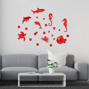 Red acrylic mirror wall stickers with ocean animal motifs for bathroom and kids room