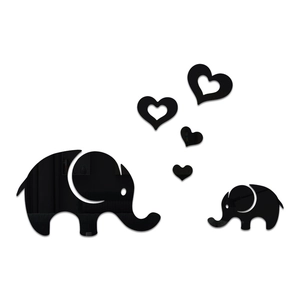Black acrylic elephant and heart mirror wall stickers for kids bedroom decor
