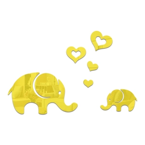 Detail of mirror acrylic elephant wall decals with gold heart decorations and reflective finish