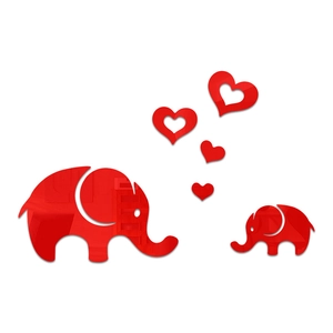 Red acrylic mirror wall stickers featuring elephant family and hearts for room decor