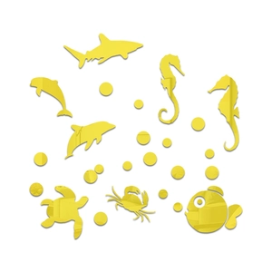 Detailed macro view of yellow acrylic ocean animal mirror wall stickers for kids room