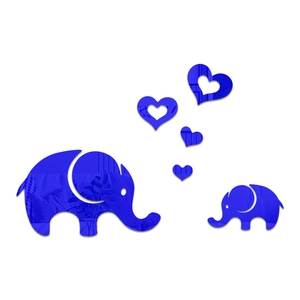 Detailed view of 3D blue mirror elephant and heart wall decals with reflective acrylic surface