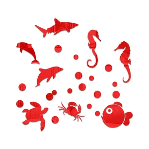 Detail of red acrylic ocean animal wall stickers including sharks and turtles