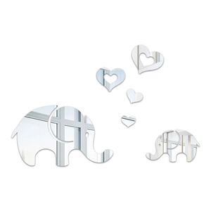 Detail showing acrylic mirror wall stickers with elephant and heart shapes for home decor