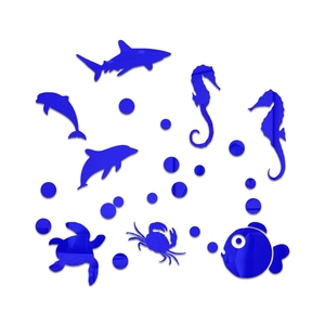 Detailed set of blue acrylic ocean animal mirror wall stickers for bathroom decoration