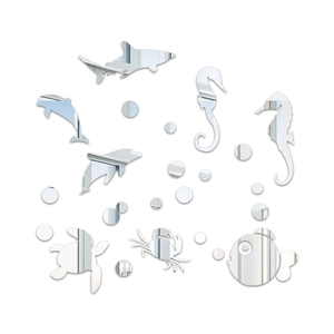 Detailed mirror view of acrylic ocean animals wall stickers including sharks and turtles