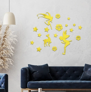 Detail of 3D yellow acrylic mirror wall stickers with fairy and deer decor for kids rooms