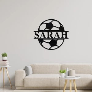 Detailed close-up of a personalized soccer ball wall mirror with customized name Sarah
