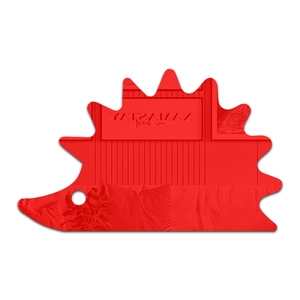 Detail of red hedgehog-shaped acrylic mirror with reflective surface and hanging hole