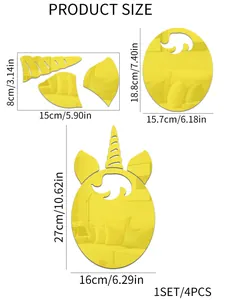 Detailed size guide for 4PCS yellow acrylic unicorn mirror wall stickers in centimeters
