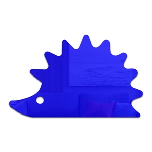 Macro detail of blue acrylic hedgehog mirror with reflective surface for wall decoration