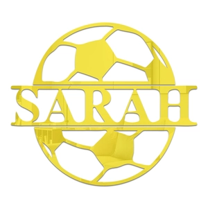 Detail of custom yellow mirror acrylic football wall decor with Sarah name cutout