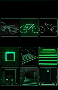 Luminous green adhesive tape usage scenarios on stairs, switches and bike frames in the dark