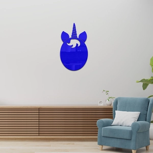 Blue unicorn mirror wall sticker for home decor shown in a bright modern living room
