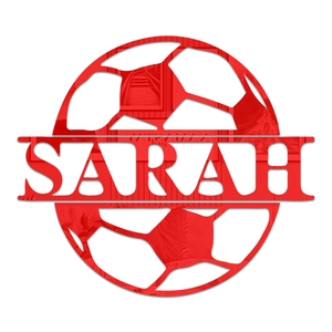 Detailed view of custom red acrylic soccer wall decor featuring personalized Sarah name cutout
