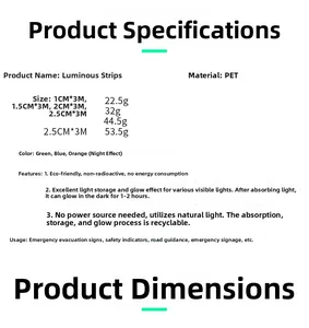 Detailed specifications of PET luminous tape showing sizes and light-storing features