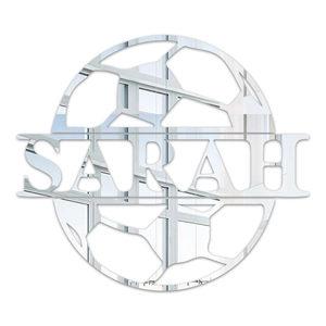 Detail of custom football mirror acrylic wall sticker featuring the Sarah name engraving