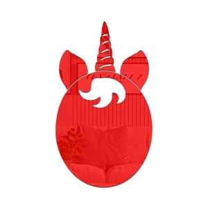 Detailed view of red acrylic mirror wall sticker in unicorn head silhouette design