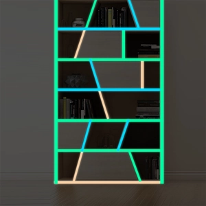 DIY flexible luminous tape with blue, green and yellow glow for home shelf decoration