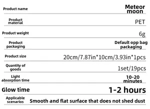 Specifications chart for 19pcs moon and star luminous stickers made of PET material