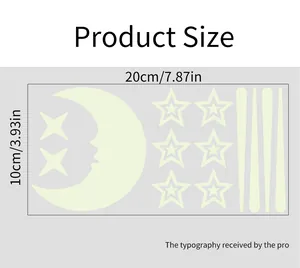 Luminous moon and star wall sticker size chart showing dimensions 20x10 cm