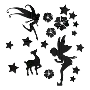 3D acrylic wall stickers featuring mirrored black fairy, deer, flowers and stars decoration