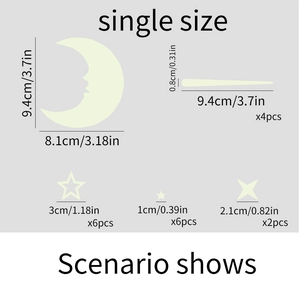 Glow in the dark moon and stars wall stickers set with detailed size specifications