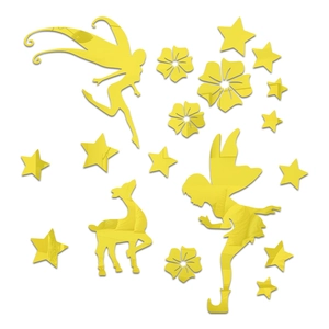 Detail view of yellow mirror acrylic wall stickers featuring fairy and deer silhouettes
