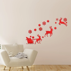 3D red acrylic mirror Christmas wall decals with Santa, reindeer and snowflakes