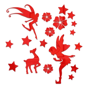 Detail of red acrylic mirror wall stickers featuring fairy, deer and stars silhouette