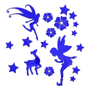 Detail view of dark blue acrylic mirror wall decals with fairy, stars, and deer silhouettes