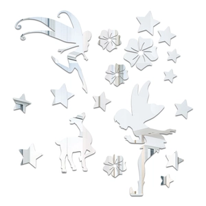 3D silver mirror acrylic wall stickers set with fairies, deer, and stars motifs