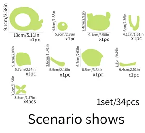 Size chart showing 34pcs of cartoon deer wall stickers with dimensions in cm and inches