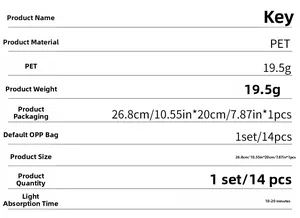 Detailed specification chart for blue luminous key stickers showing PET material and size