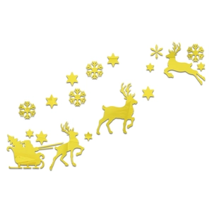 Detail of golden mirror acrylic Santa Claus wall sticker set with reindeer and snowflakes
