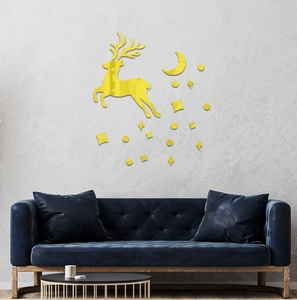 Detail of golden mirror acrylic wall sticker featuring a jumping deer and crescent moon