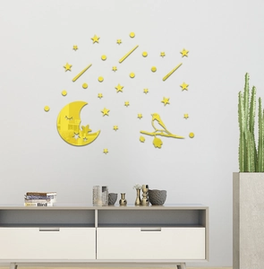 Détails des stickers muraux en acrylique jaune miroir avec motifs lune et oiseau