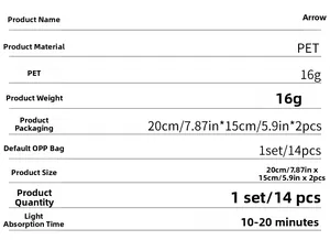 Detailed chart showing PET arrow wall sticker size, 14pcs quantity and glow time parameters