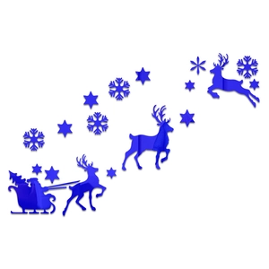 Blue acrylic Christmas wall decal set showing Santa in a sleigh with flying reindeer