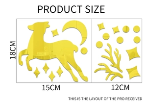 Detailed size guide for 3D mirror acrylic moon and deer wall sticker set in gold