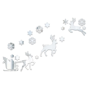Close-up of silver mirror acrylic Santa sleigh and reindeer wall stickers with snowflakes