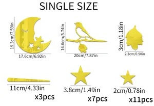 Tableau des tailles pour stickers muraux miroir acrylique lune, oiseaux et étoiles