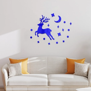 Blue mirror acrylic wall sticker featuring a jumping deer, moon, and stars for home decor