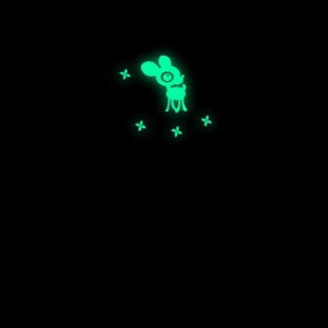 Luminous cartoon deer and flower wall stickers glowing bright green on dark background
